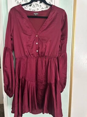 Lily Rose Wine Red V-Neck Tiered Long-Sleeve Dress